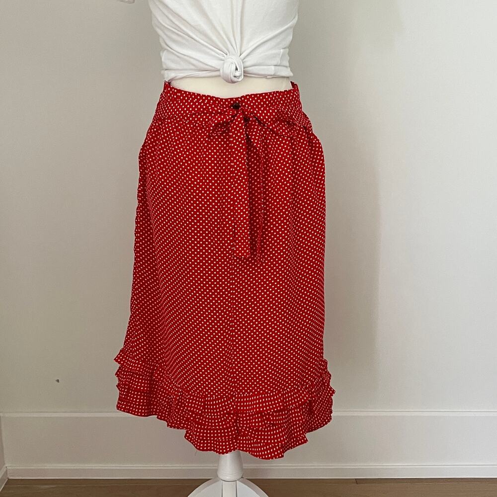 Vintage Fashion Village Red White Polka Dot Midi Skirt Ruffles Tie Belt Small - Picture 4 of 7